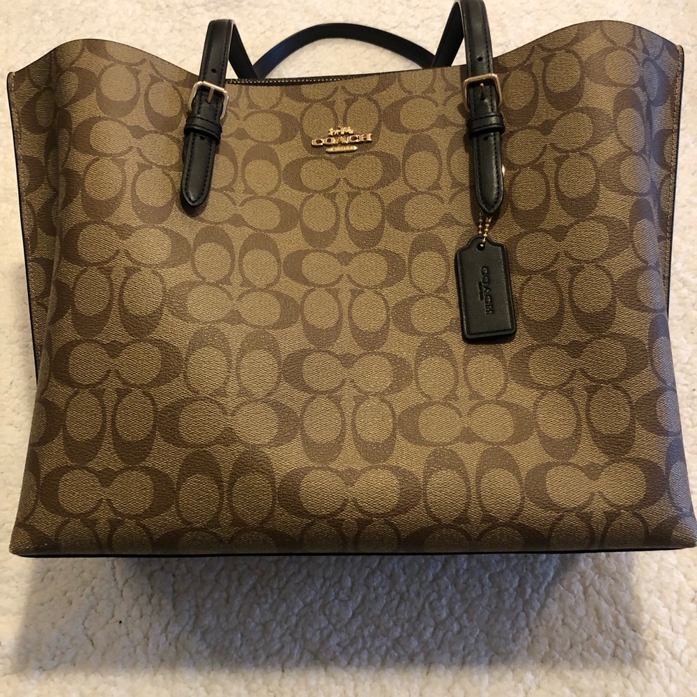 Coach Signature Canvas Tote with Black Leather Trim